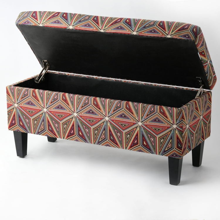 Storage pouffe with colourful floral upholstery, ideal for cosy interiors