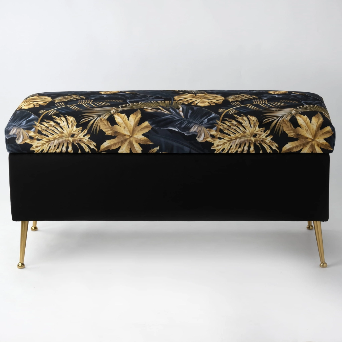 Quilted pouffe with gold leaf storage, black with luxury finish