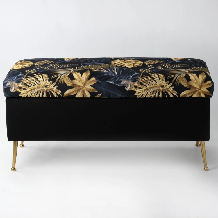 Quilted pouffe with gold leaf storage, black with luxury finish