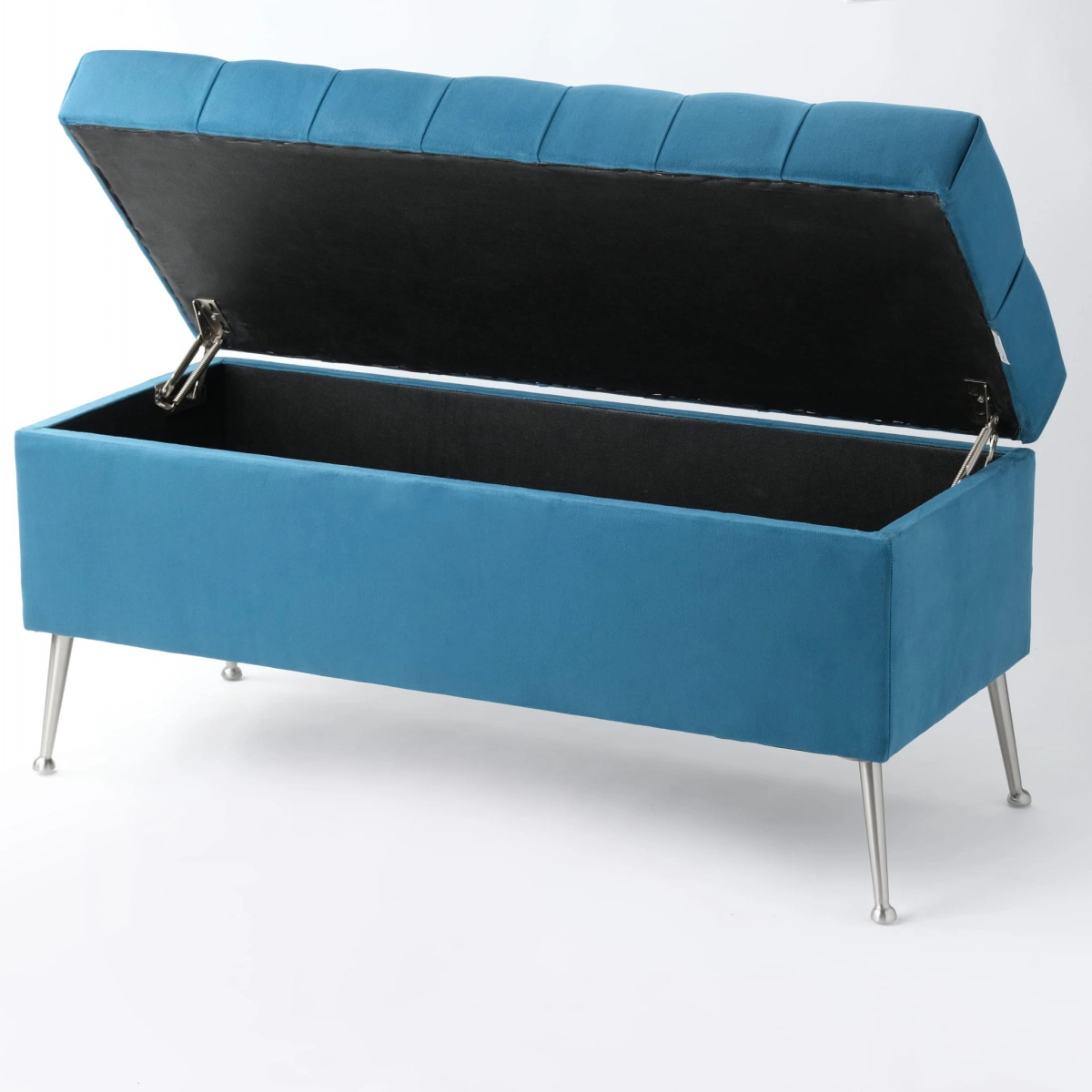 Stylish quilted pouf with storage in blue on slender legs