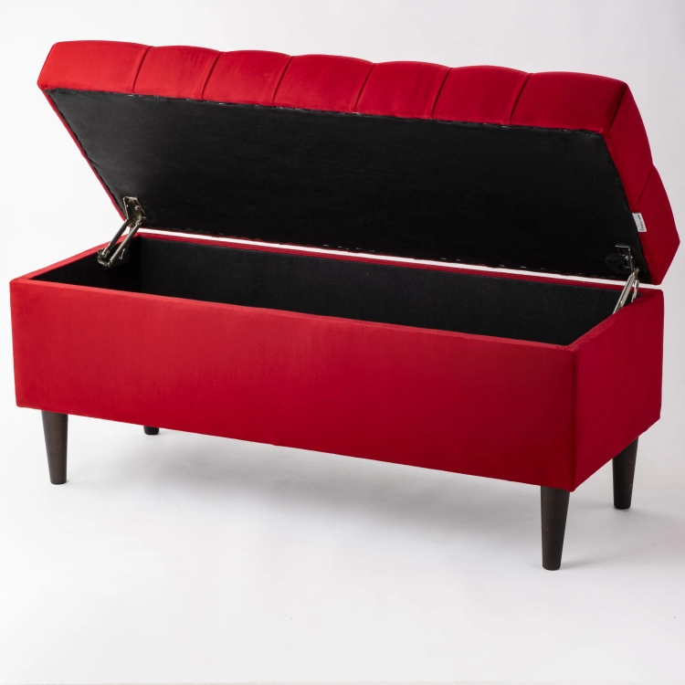 Red quilted chest, open and spacious