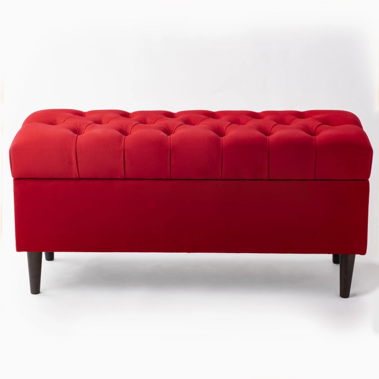 Quilted pouffe with storage in intense red, a comfortable and aesthetically pleasing solution