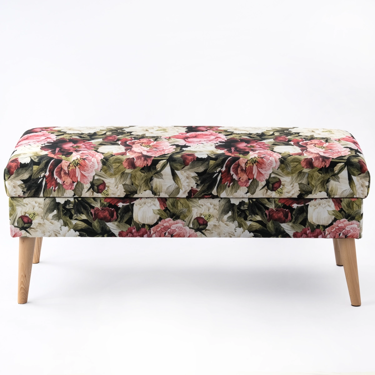 Upholstered pouffe with storage compartment with floral motif