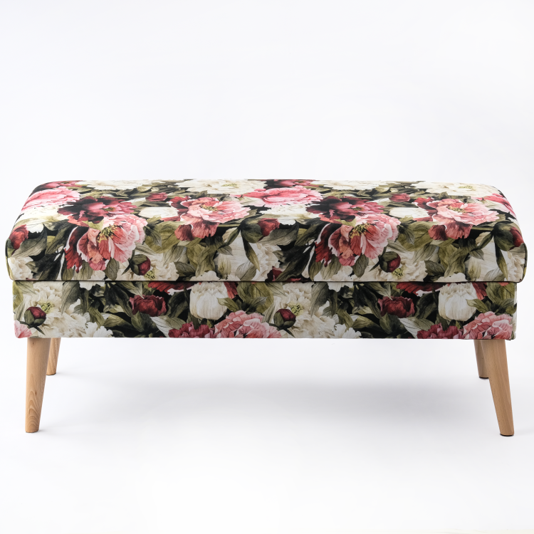 Upholstered pouffe with storage compartment with floral motif
