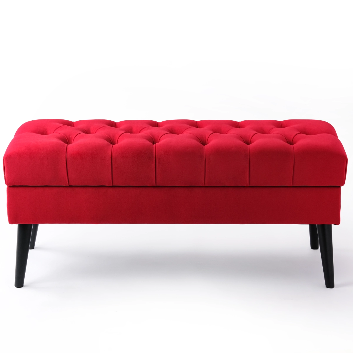 red pouffe with storage compartment