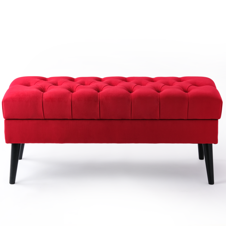 red pouffe with storage compartment