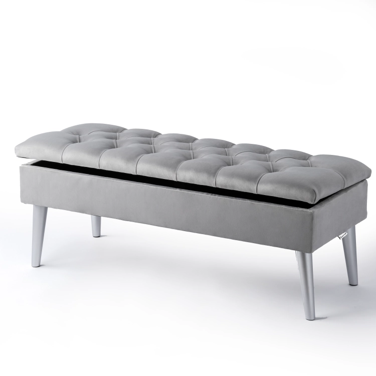 Stylish quilted light grey pouffe with storage, a comfortable and practical piece of furniture