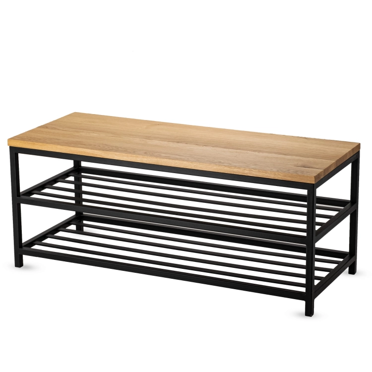 Industrial bench with wooden top and shelves below