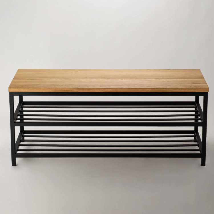Industrial style bench with wooden top and storage space