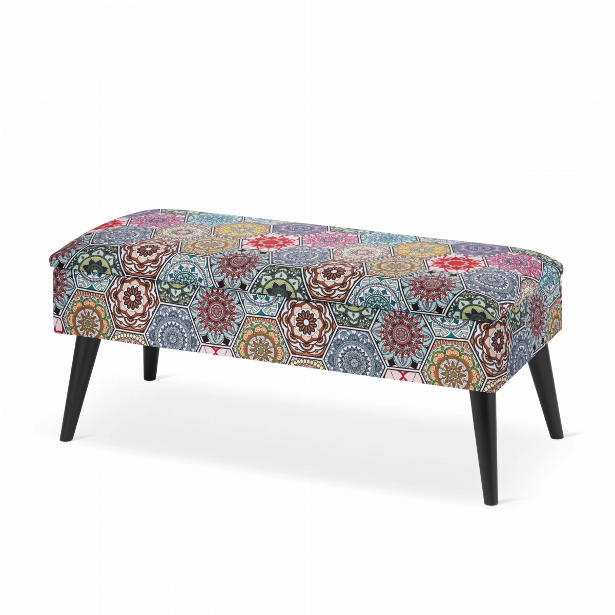 patterned upholstered pouffe with storage