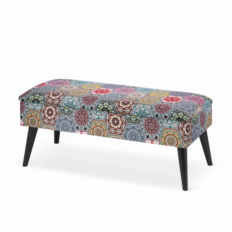 patterned upholstered pouffe with storage