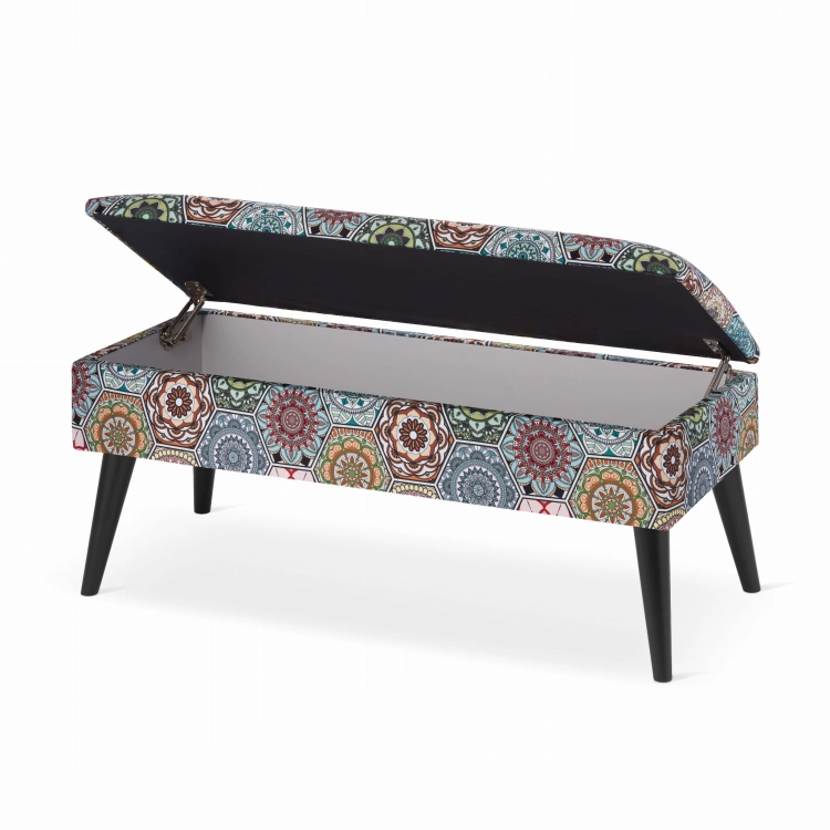 upholstered pouffe with storage compartment with patterns