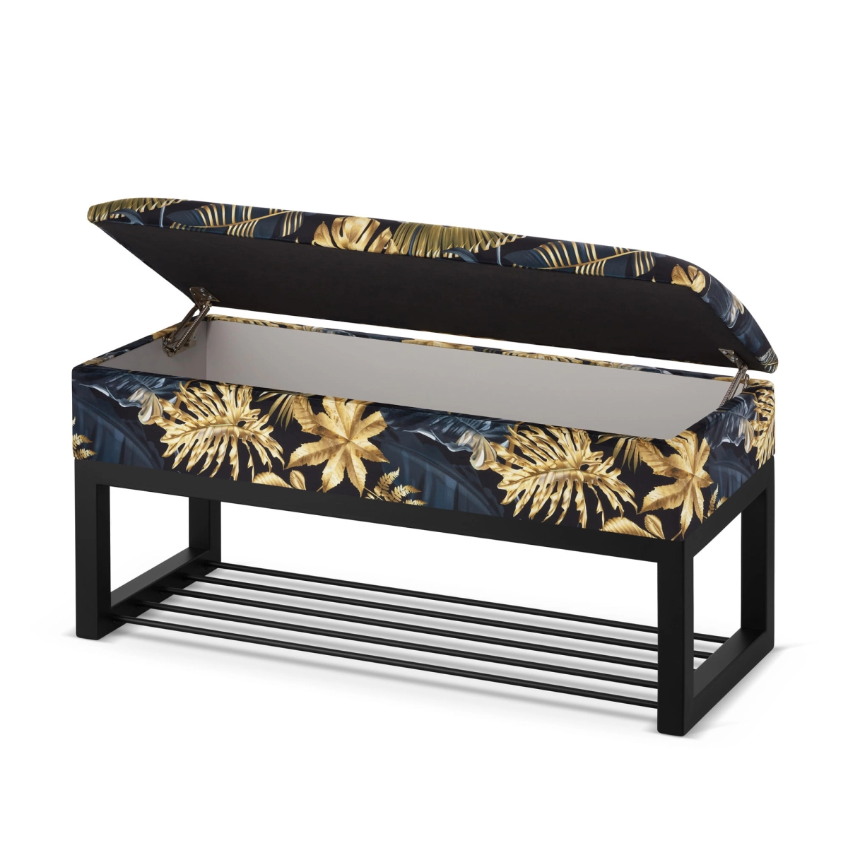 industrial patterned pouffe with storage and shoe shelf