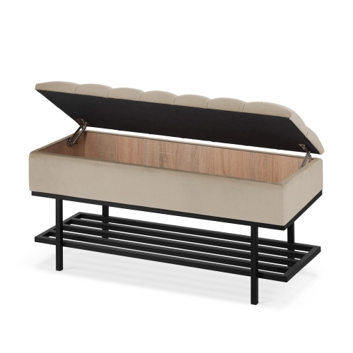 Latte Tufted Bench with Shelf and Black Metal Base for Hallway or Bedroom