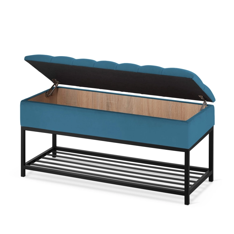 Stylish quilted pouffe with practical sea green storage and steel legs