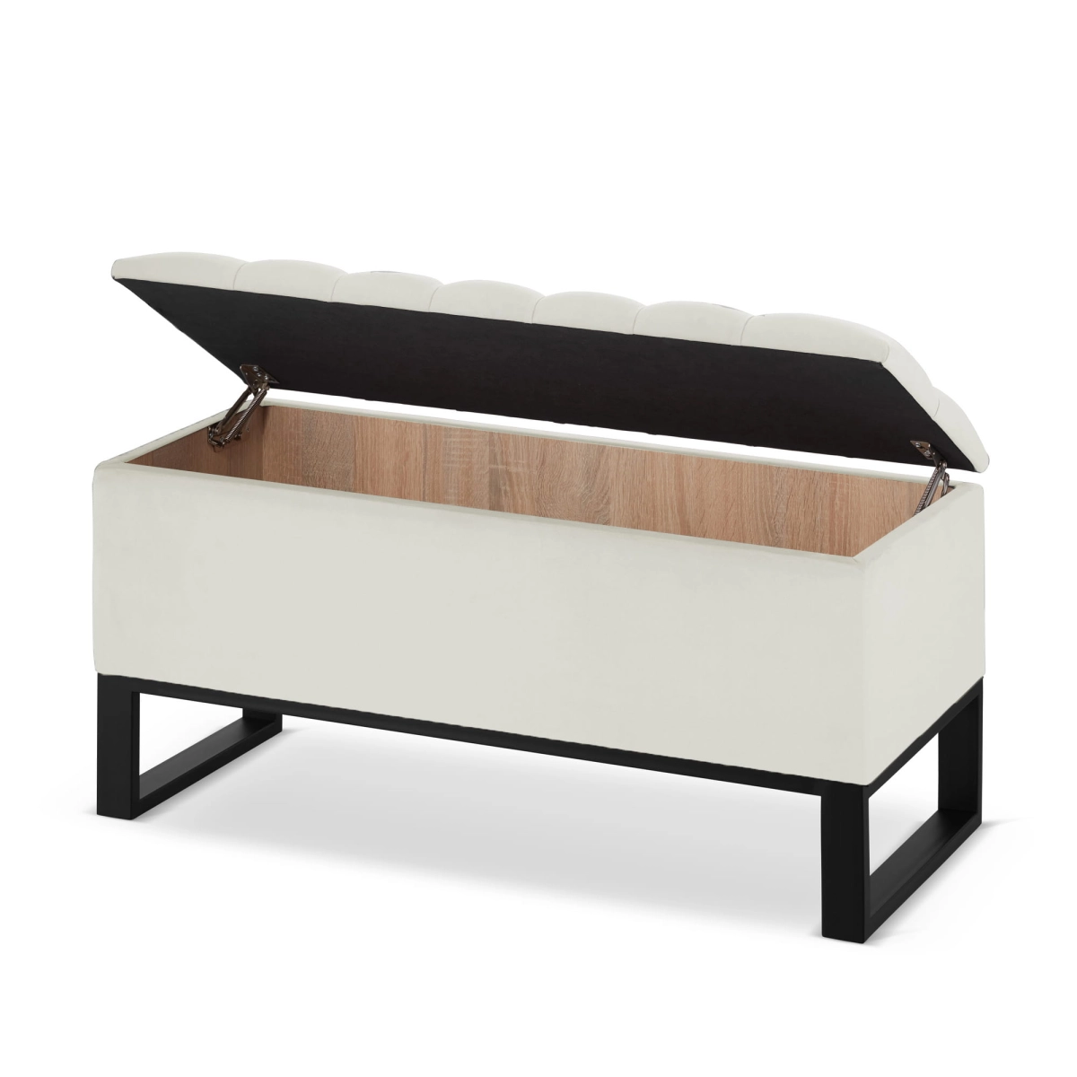 Cream-colored, quilted pouffe with storage in an industrial style