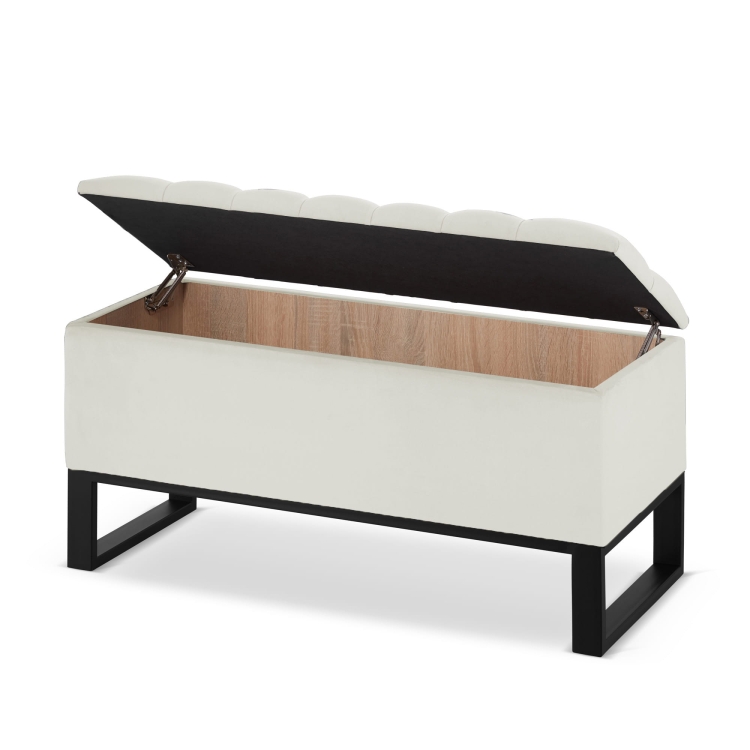 Cream-colored, quilted pouffe with storage in an industrial style