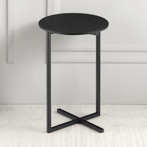 Black round side table with steel base