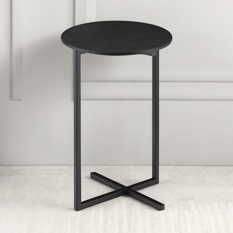 Black round side table with steel base