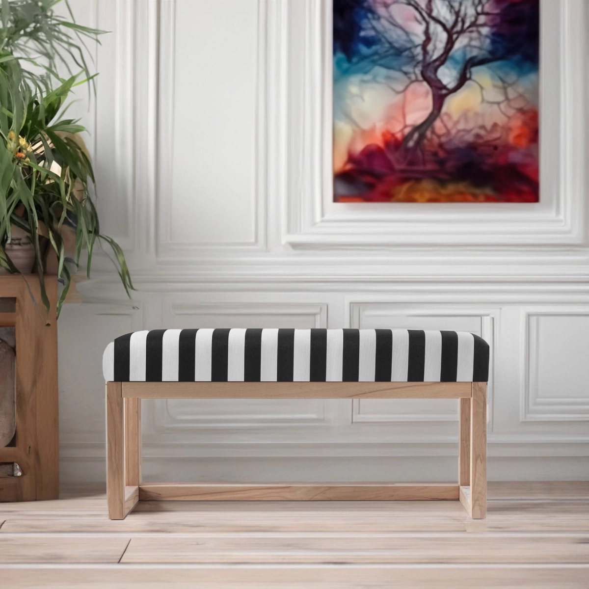 Stylish bench with striped upholstery and light wood