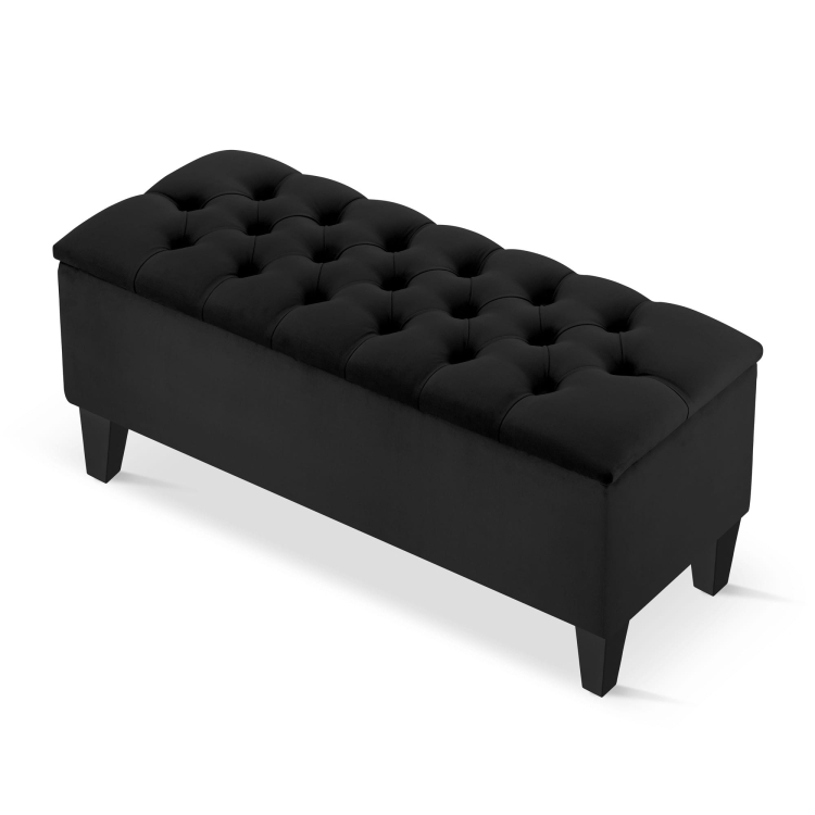 Stylish quilted pouffe in black with storage, ideal for the living room or bedroom
