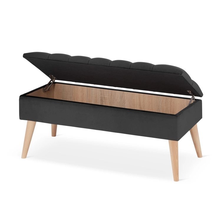 Quilted graphite retro pouf with storage – an elegant and practical piece of furniture for the living room.