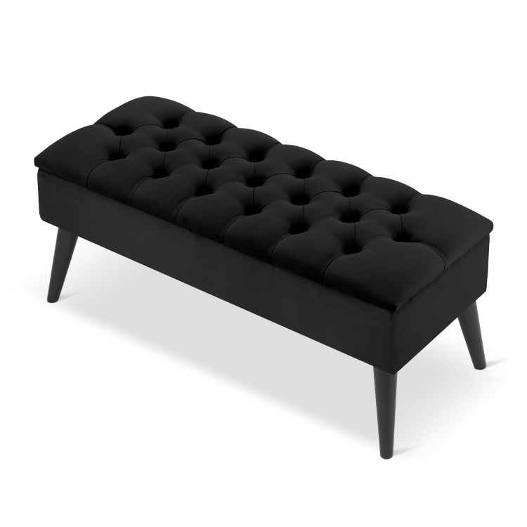 Stylish quilted black pouffe with storage, a comfortable and practical piece of furniture