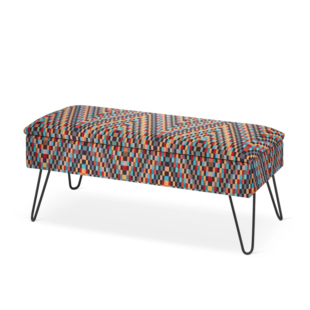 Colourful pouffe with storage and pin legs