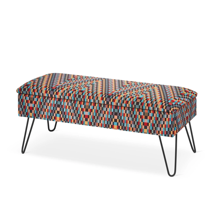 Colourful pouffe with storage and pin legs