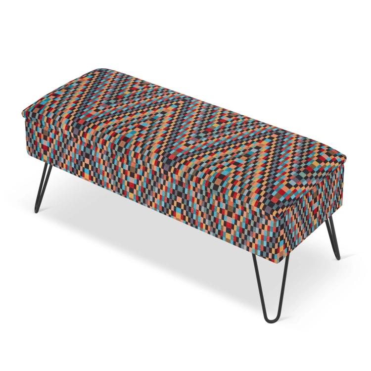 Quilted colourful pouffe with storage, with pin legs