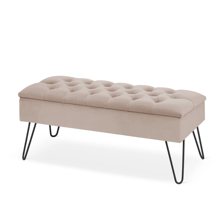Quilted latte pouffe with storage and pin legs, a stylish and modern piece of furniture