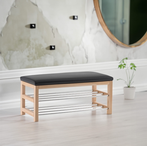 Modern hallway bench with black seat, wooden frame and metal shoe shelf