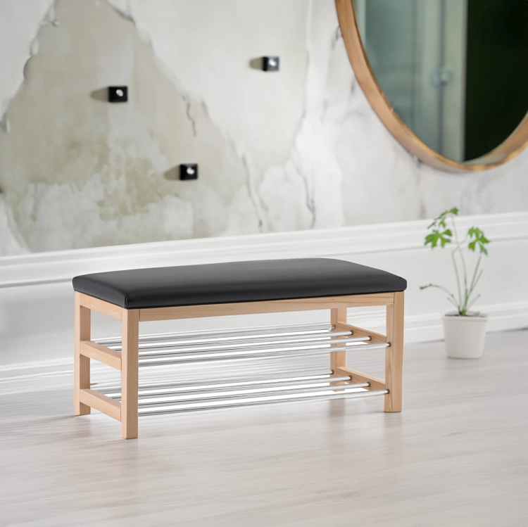 Modern hallway bench with black seat, wooden frame and metal shoe shelf