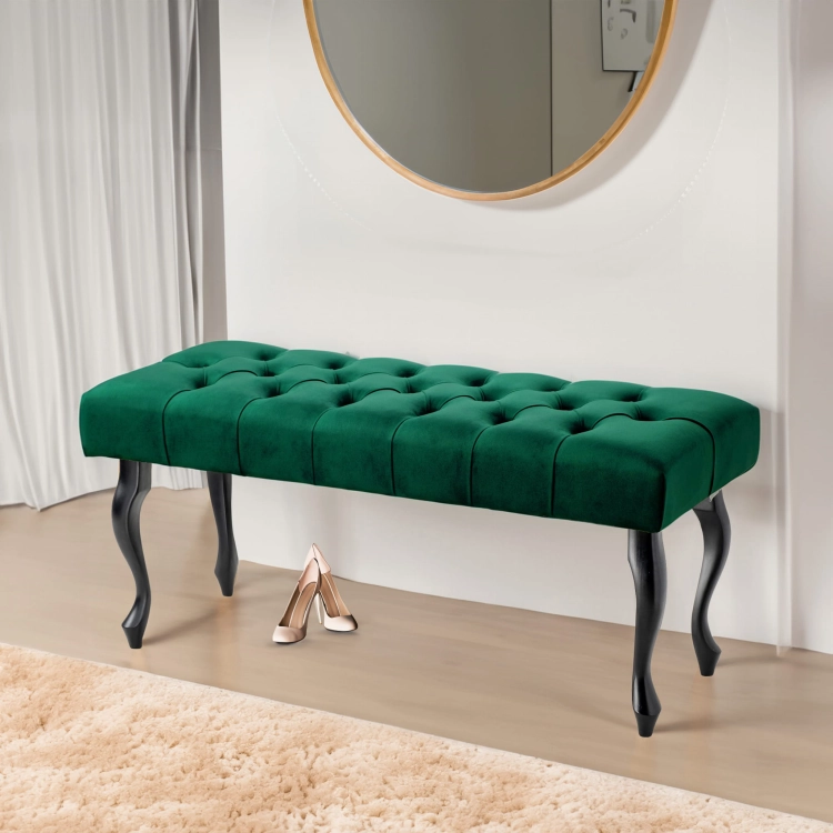 Bottle green quilted bench with black legs