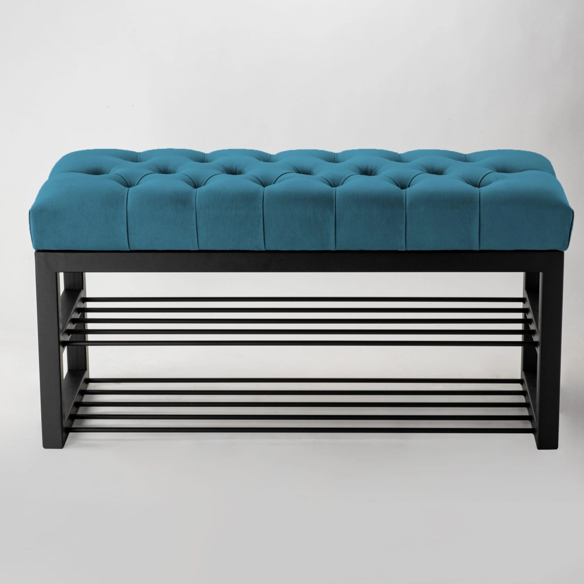 Industrial hall bench with blue seat and black metal shoe shelves