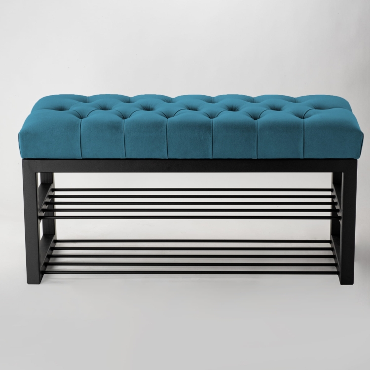 Industrial hall bench with blue seat and black metal shoe shelves