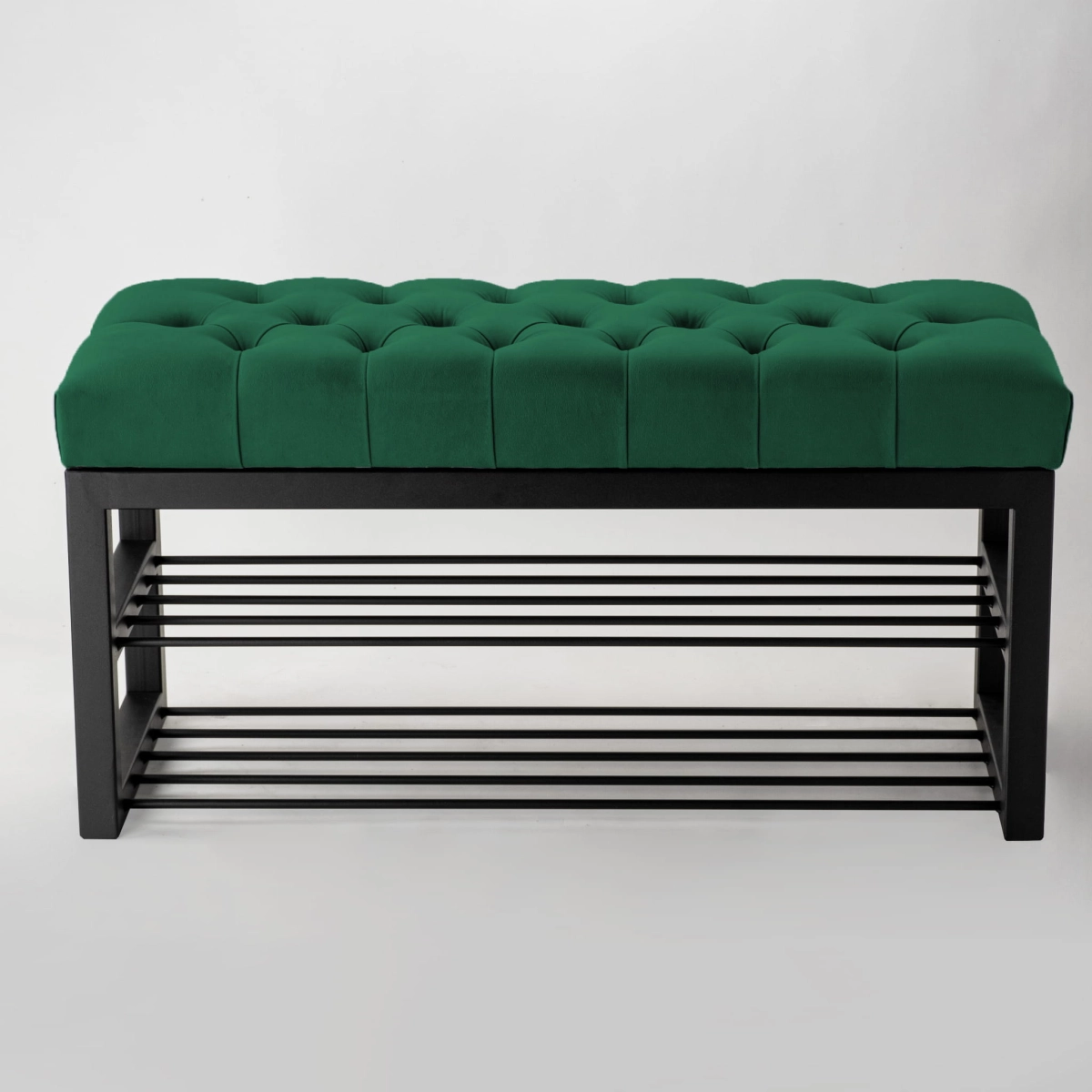 industrial quilted bench with metal shelves