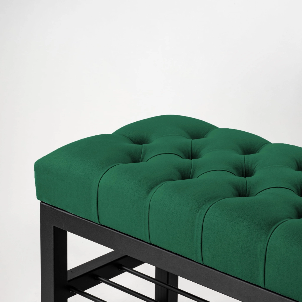 Bench for industrial style room in green and with steel shelves