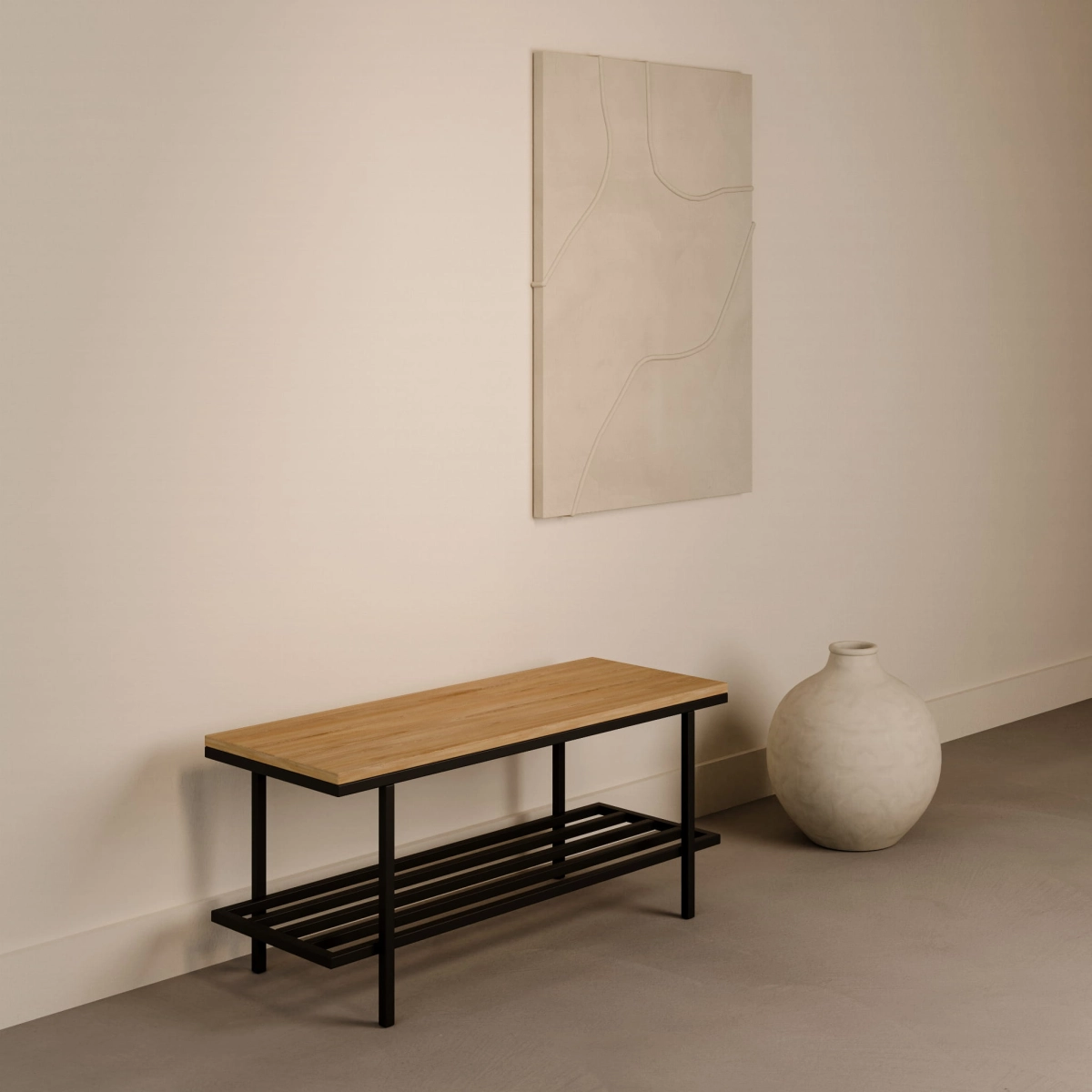 Industrial style bench with wooden top on steel base in the hallway