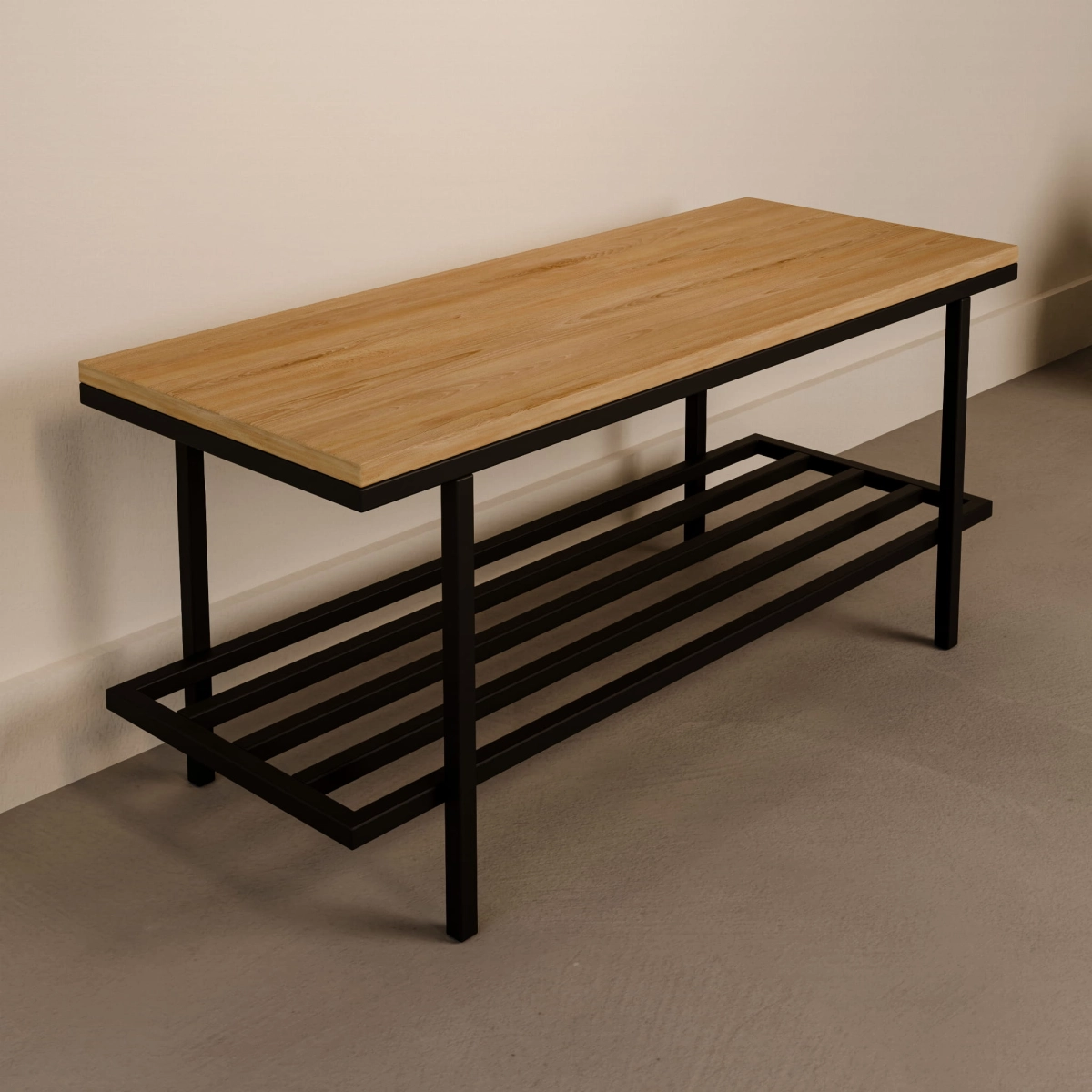 Modern industrial bench with wooden top on steel frame
