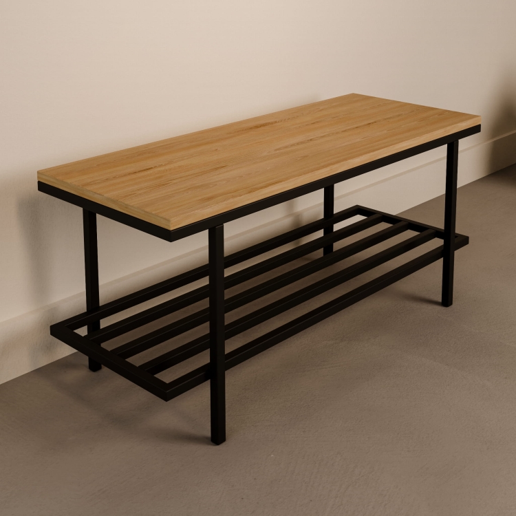 Modern industrial bench with wooden top on steel frame