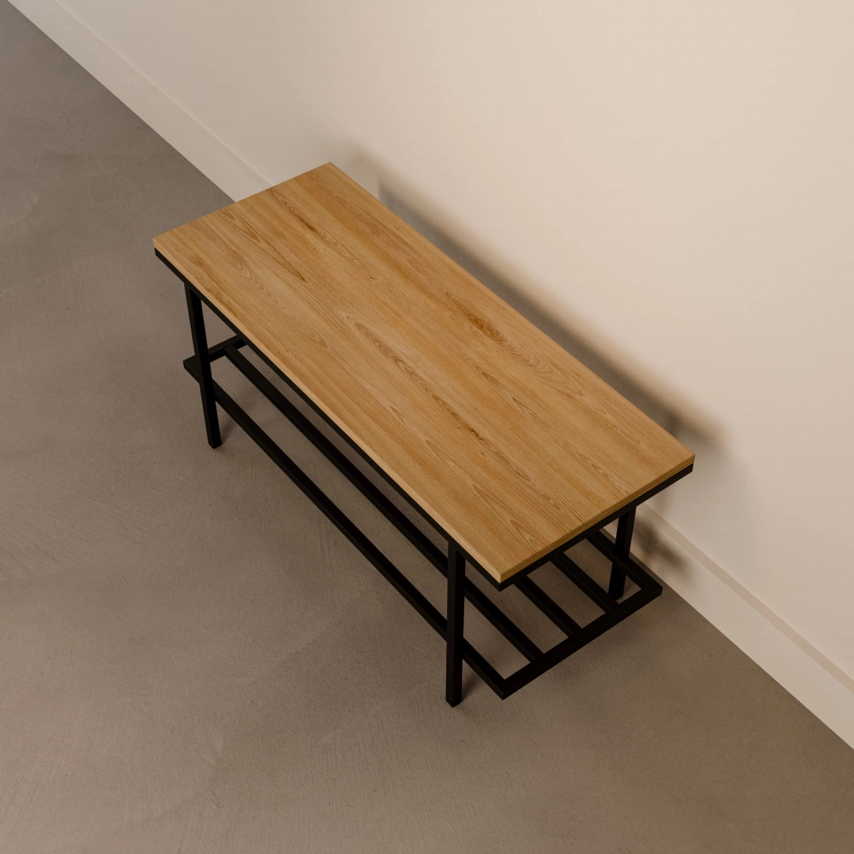 Steel bench with wooden top in industrial style