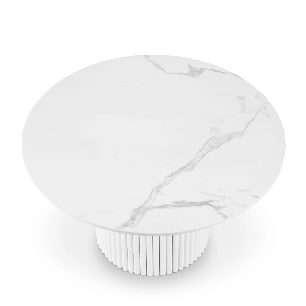 White round table with stone top and grooved base