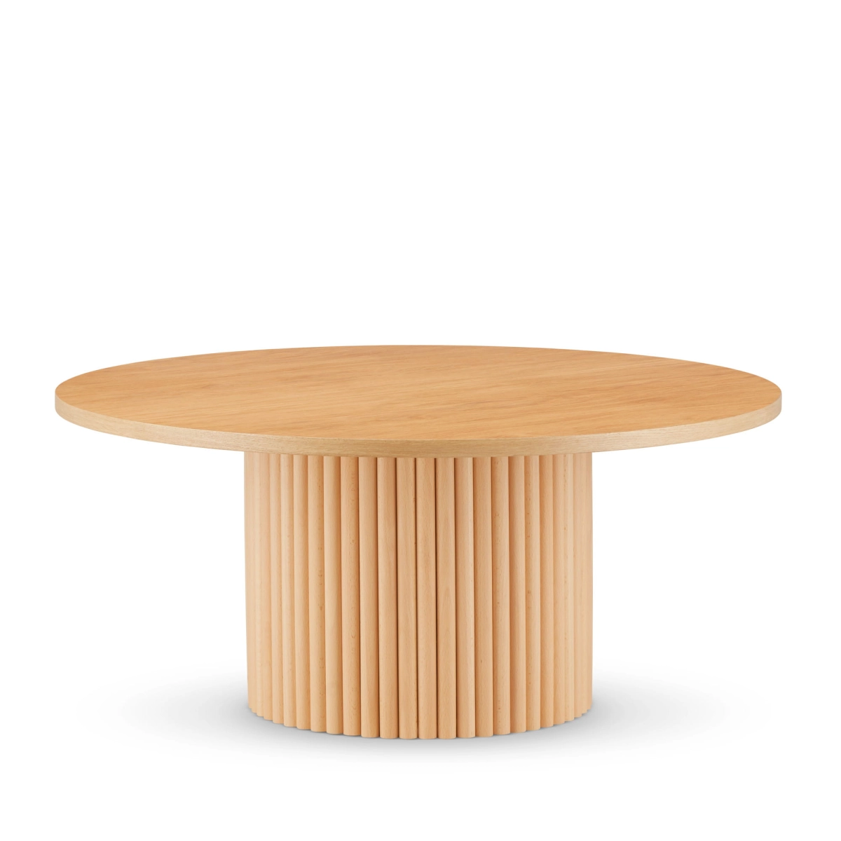 Round wooden coffee table with decorative grooved base