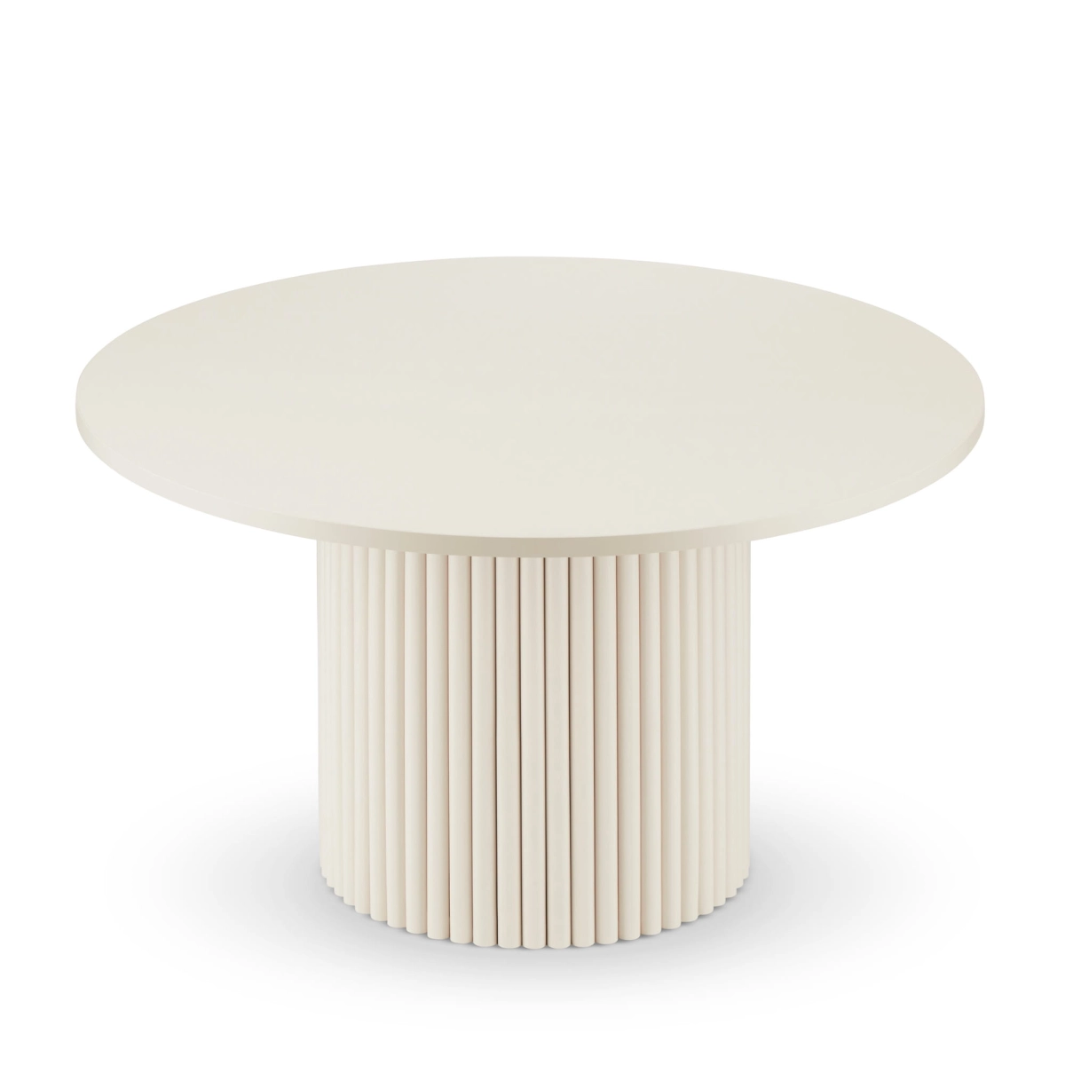 beige round coffee table with grooved leg