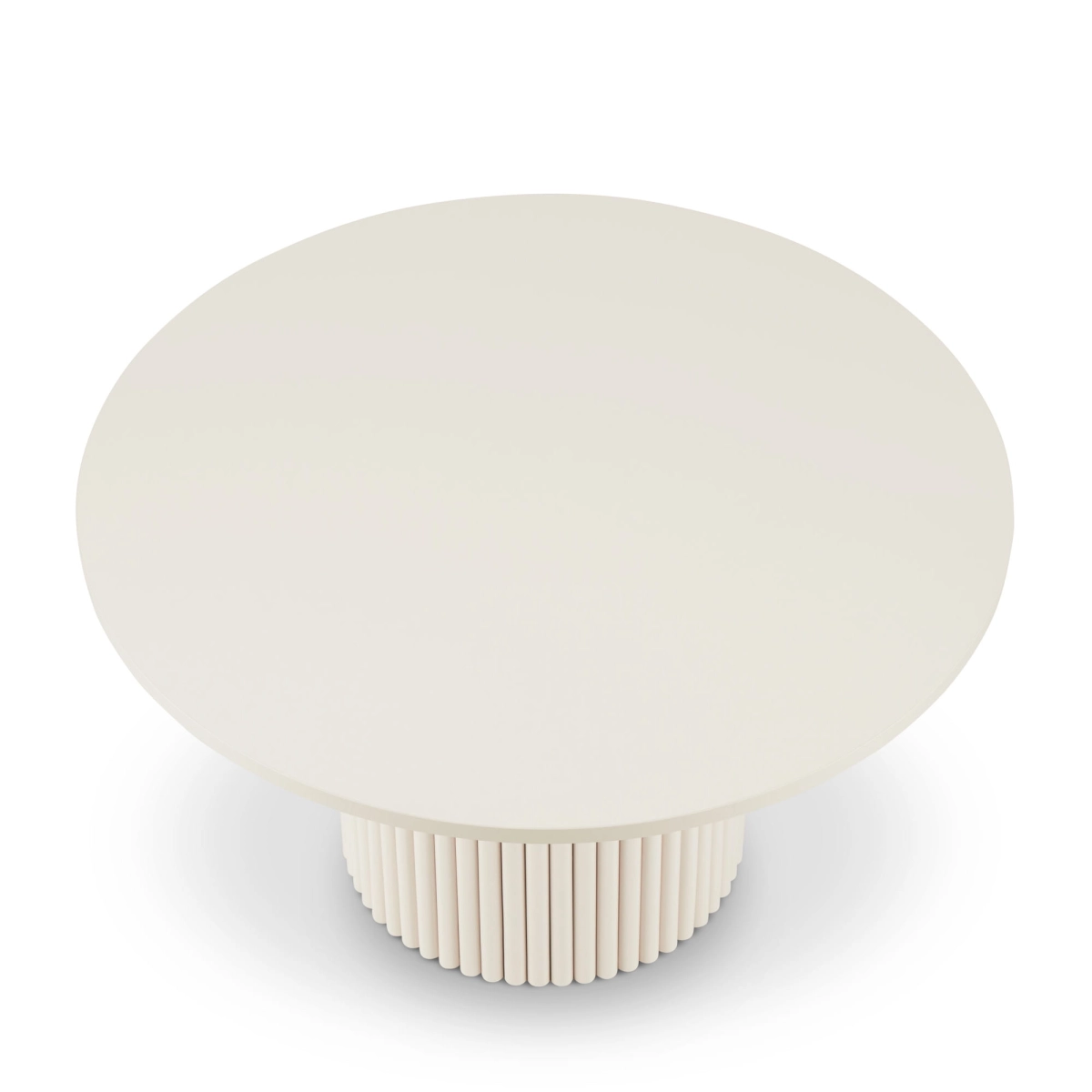 A modern beige coffee table with a grooved base, perfect for minimalist arrangements