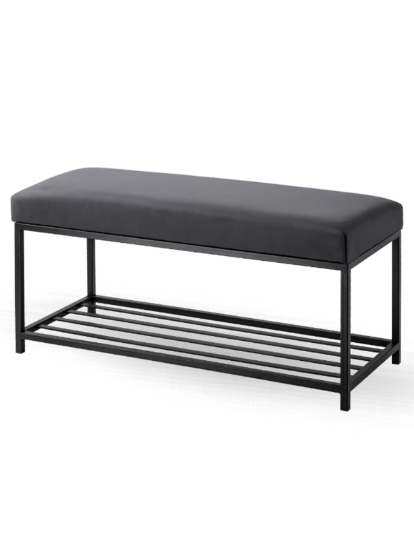 Graphitfarbene gepolsterte Bank mit Metallgestell und Schuhregal