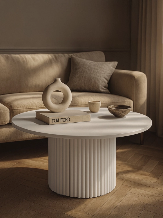 Round white coffee table with decorative grooved leg for bright, spacious interiors