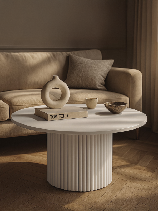 Round white coffee table with decorative grooved leg for bright, spacious interiors