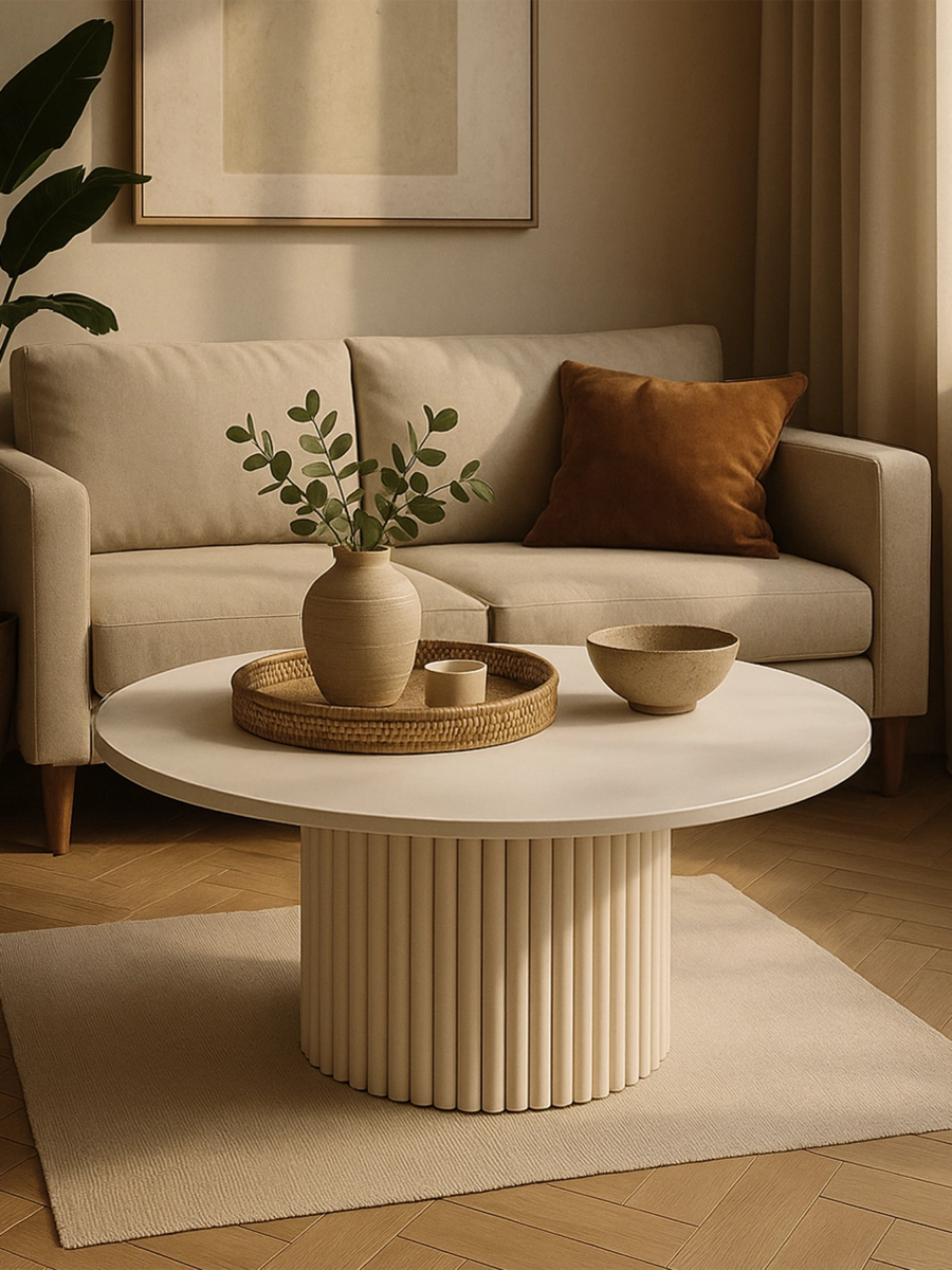 beige round coffee table with grooved base